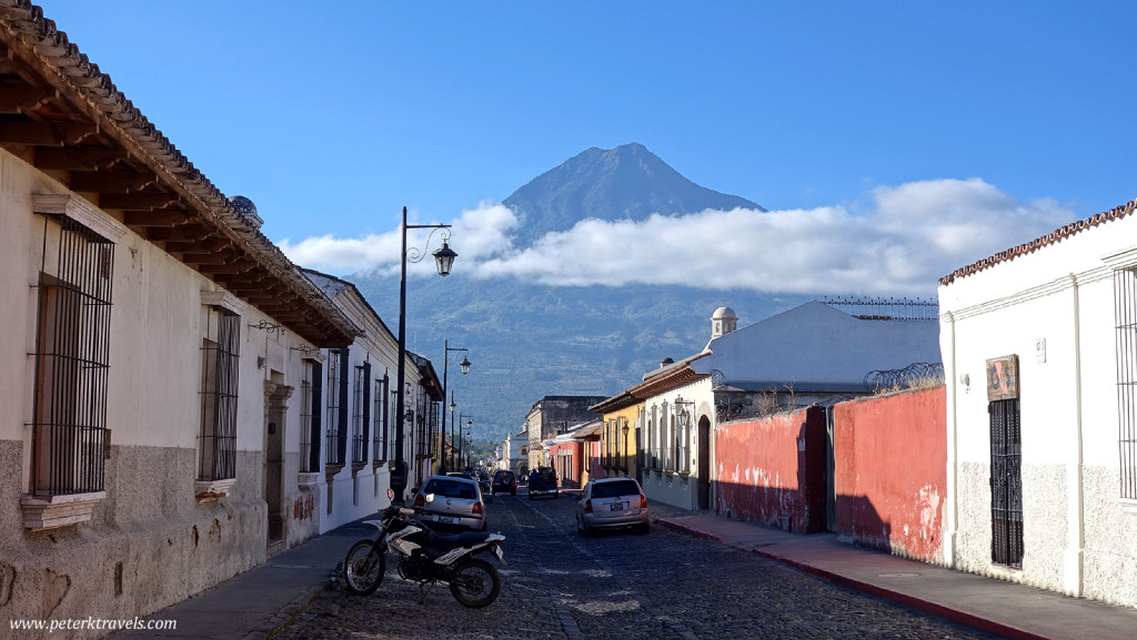 Early morning street view with Agua, Antigua Guatemala