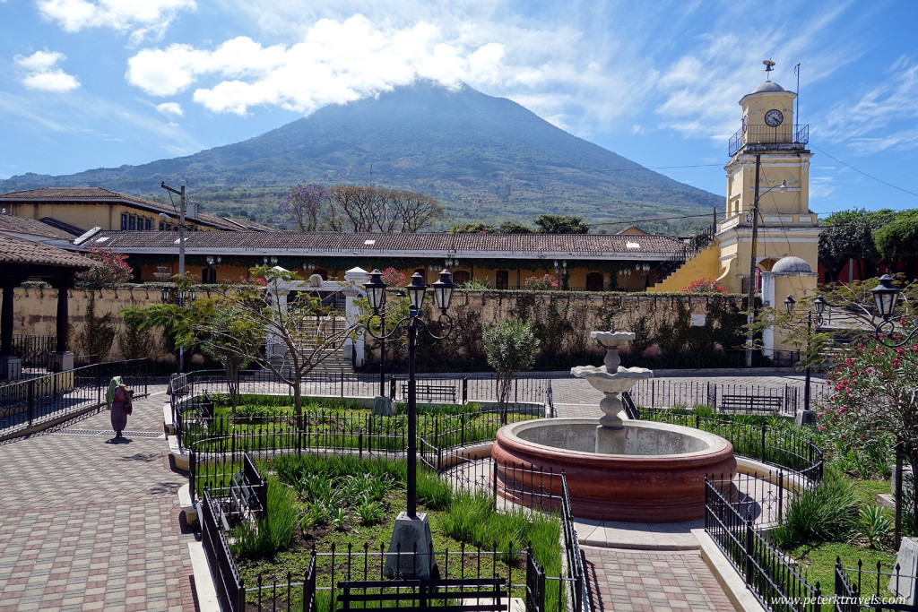 Square with clock tower and Volcan Pacaya, Ciudad Vieja.