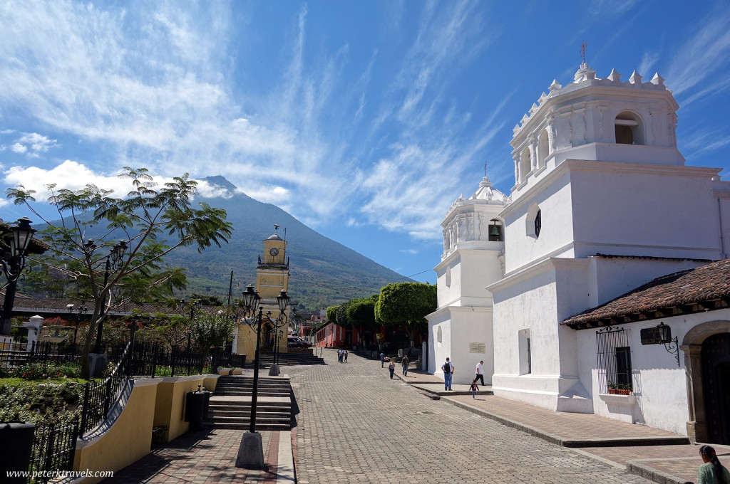 Facade of the church in Ciudad Vieja with Volcan Pacaya in the background.