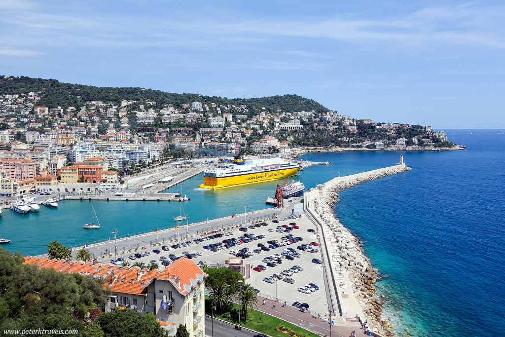 A car ferry leaves Nice, view from the Colline du Chateau overlook