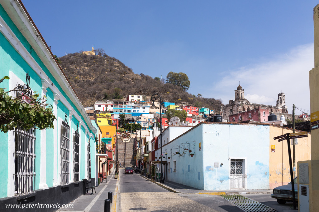 Atlixco street with Capilla de San Miguel and ex-Convento San Francisco.