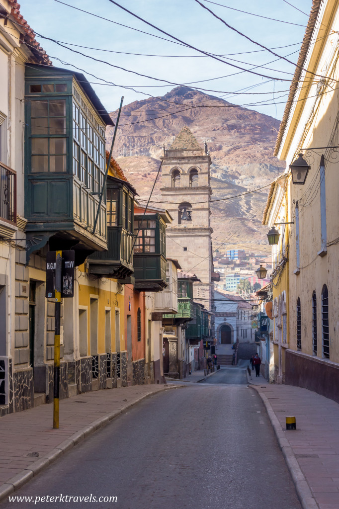 Convento San Francisco tower with Cerro Rico, Potosi