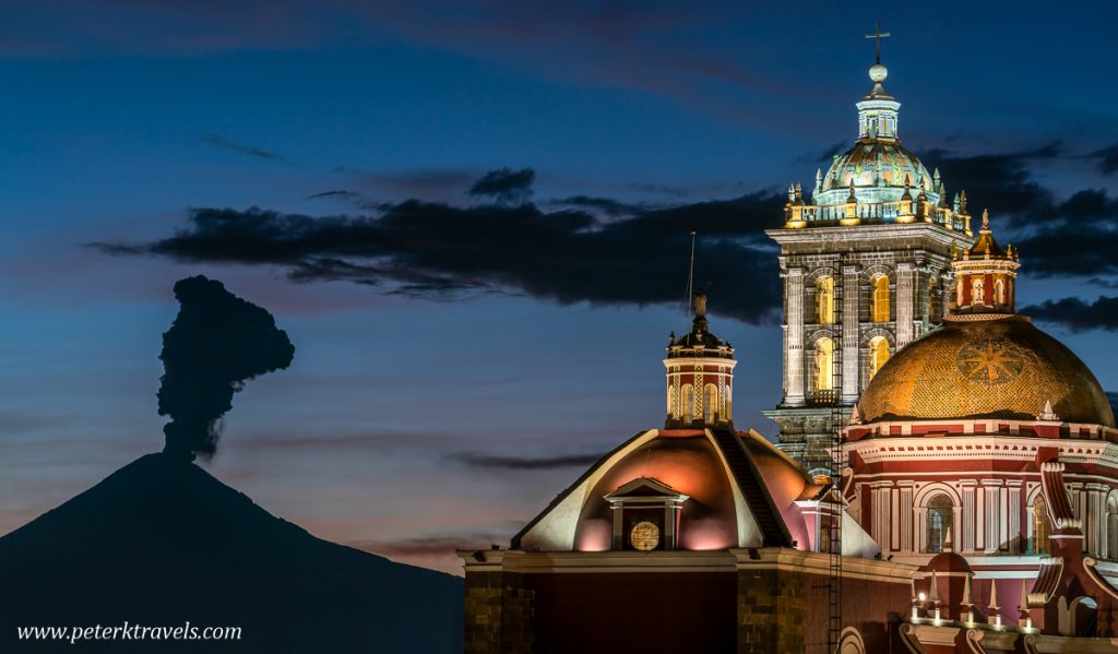 Puebla Cathedral and Popocatépetl