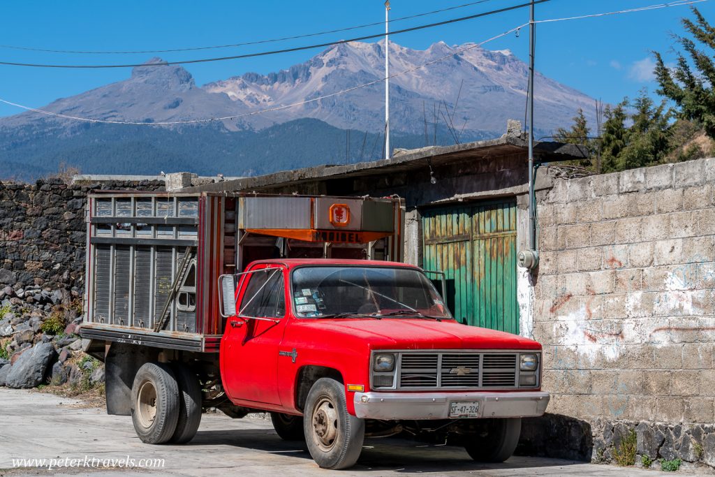 Red truck and Iztaccihuatl